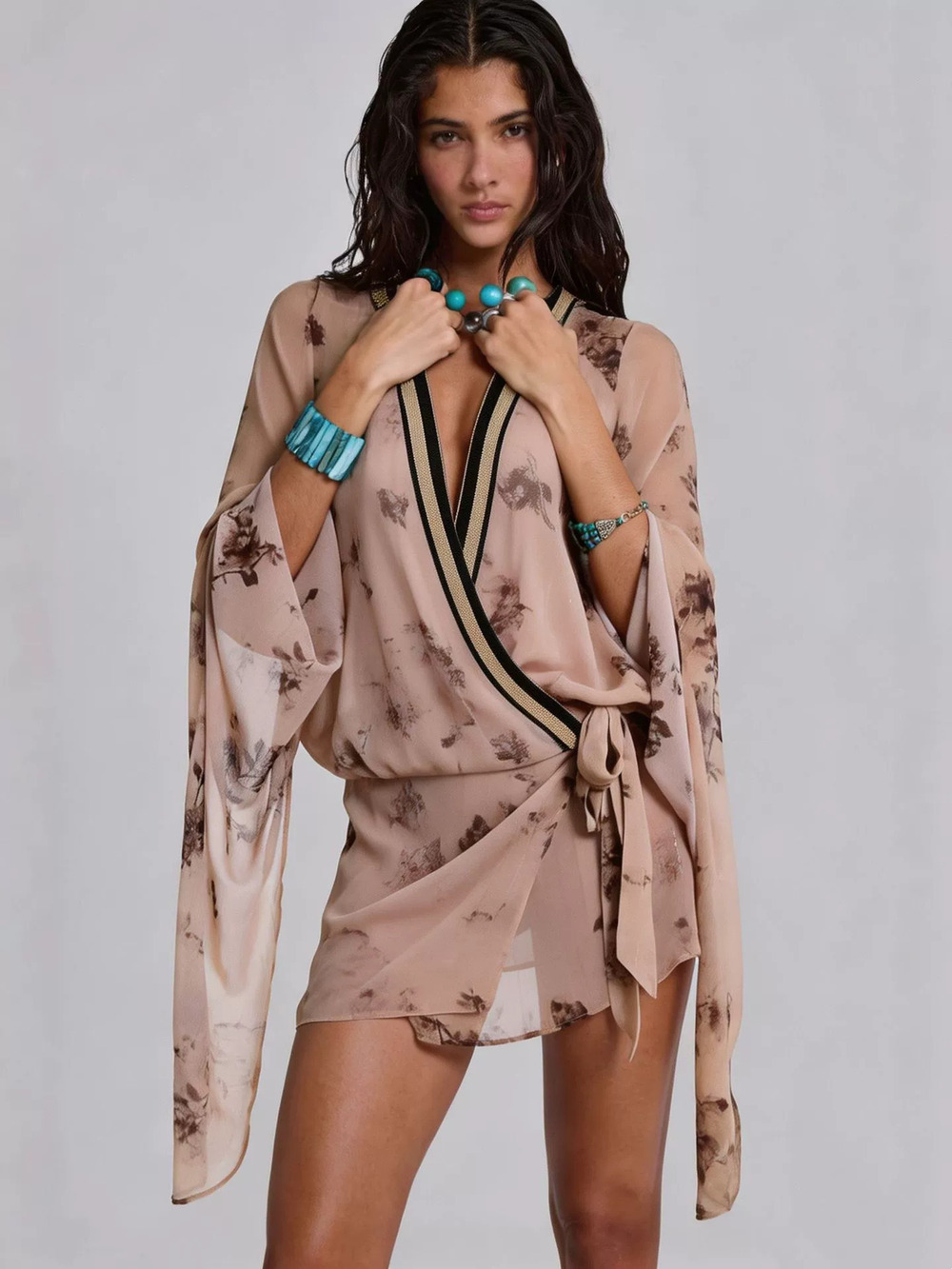 Zara Retro Vacation Dress Tie Neck Ribbon Sleeve